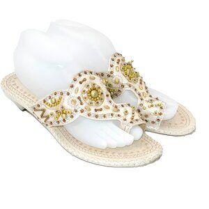 John Fashion Ivory White Embroidered Beaded Thong Leather Bridal Sandals Heels 9